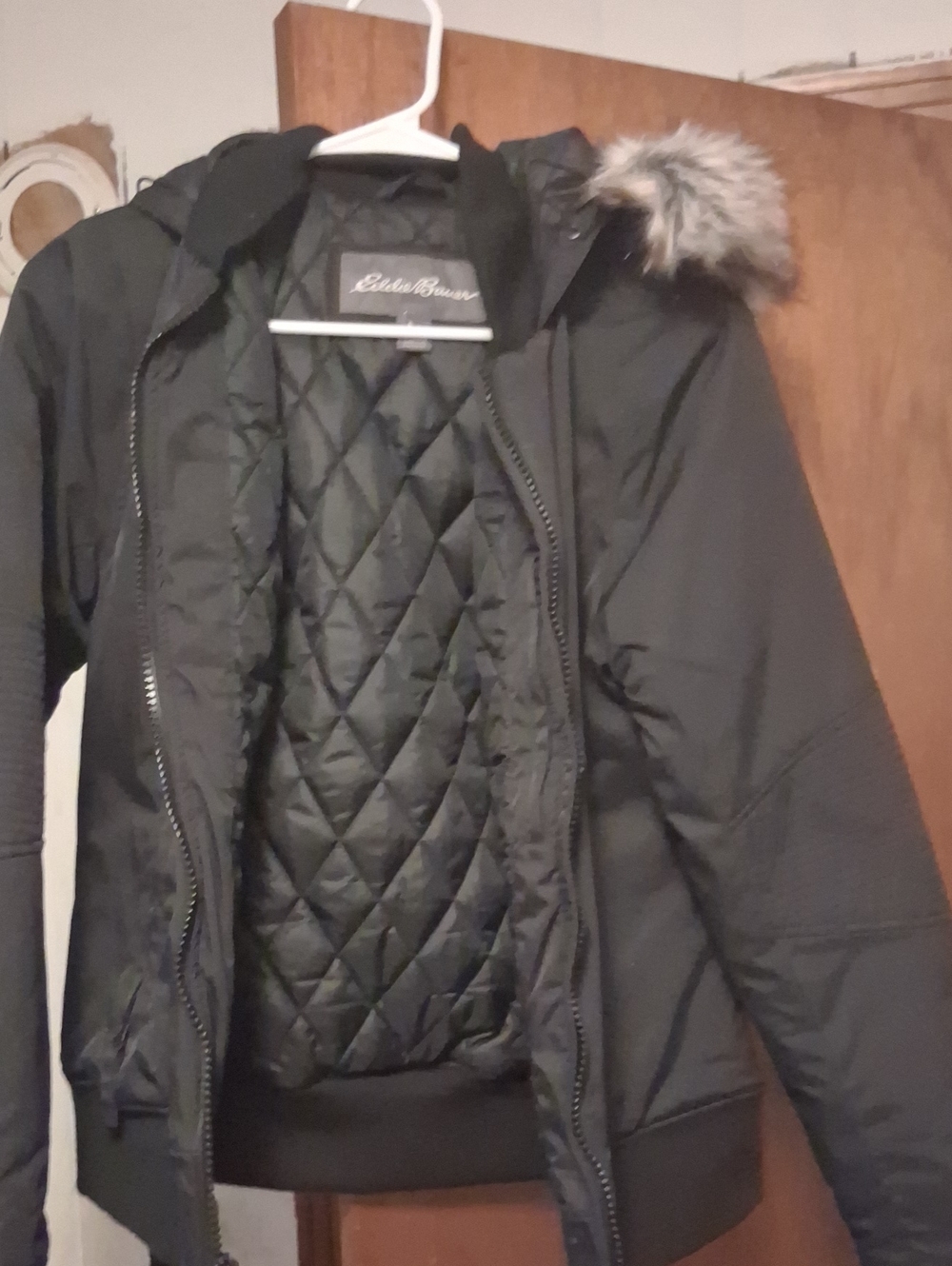 Eddie Bauer Black Quilted Hooded Puffer Jacket with Faux Fur Trim